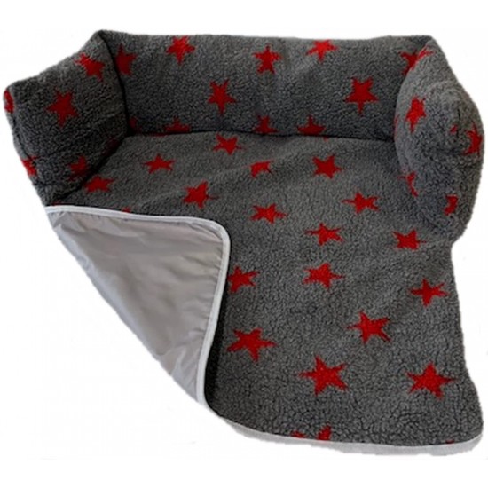 Sofa Dog Bed - Grey, Red Stars with Waterproof Base