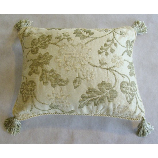 Cream And Green Oblong Cushion With Tassles And Cording - 46cm x 38cm - COMPLETE WITH HOLLOW FIBRE INNER