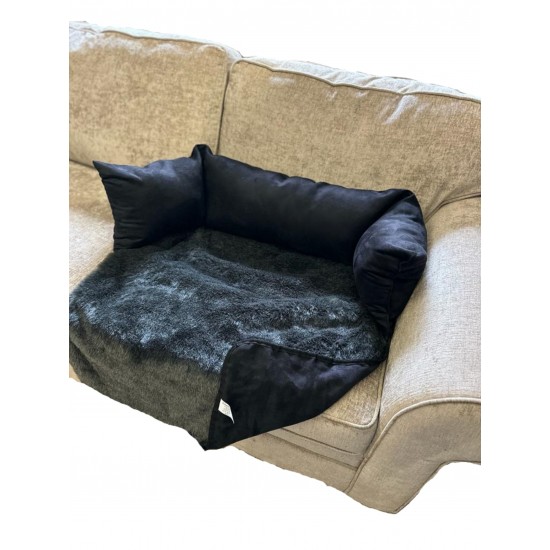 Sofa Dog Bed - Faux Suede / Fur - Black with Grey Base