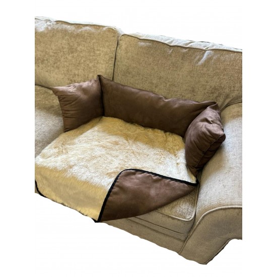 Sofa Dog Bed - Faux Suede / Fur - Brown with Cream Fur