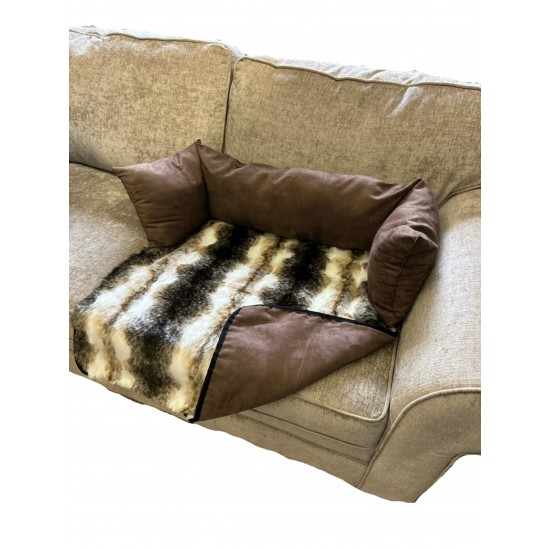 Sofa Dog Bed - Faux Suede / Fur - Brown with Striped Fur