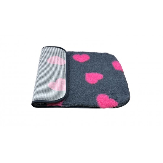 Non Slip Vet Bedding - BINDED - Charcoal with Cerise Pink Hearts