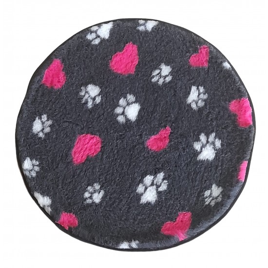 PnH Veterinary Bedding ® - BINDED CIRCLE - NON SLIP - Charcoal with Hearts and Paws