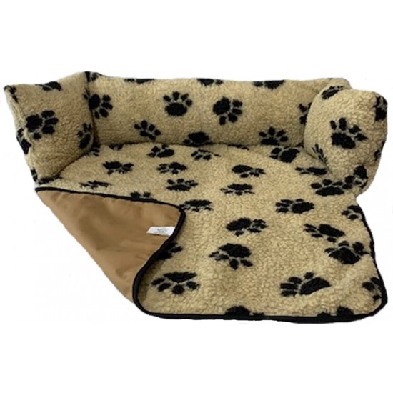 Sofa Dog Bed - Cream Pawprints with Waterproof Base