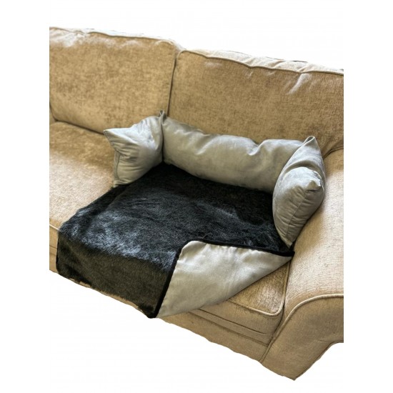 Sofa Dog Bed - Faux Suede / Fur - Silver Grey with Dark Grey Base