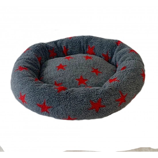 Donut Snuggle Bed - Anti Anxiety Calming Dog Bed - Grey / Red Stars